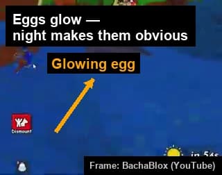 A glowing egg visible in a dark night scene, with an arrow pointing at it