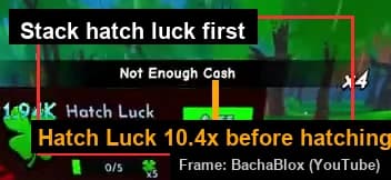The nest Hatch Luck panel showing a 10.4x luck multiplier before hatching