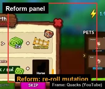The in-game Reform panel used to re-roll a pet's mutation
