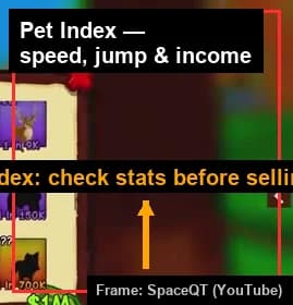 The in-game Pet Index showing collected pets with their speed, jump and income stats