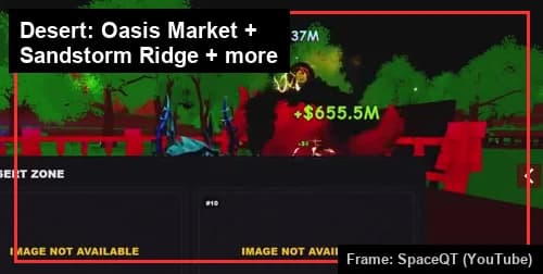 In-game reference panel showing Oasis Market and Sandstorm Ridge spawn points in the Desert zone