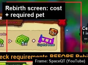 The in-game Rebirth confirmation screen showing cash cost and the required Phoenix pet